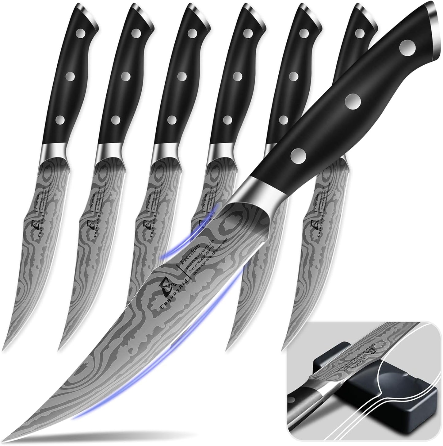CoquusAid Steak Knives Set of 8, 4.8 Inch Straight Edge Ultra Sharp Durable Meat knives with Rest, High Carbon Stainless Steel Damascus Pattern Triple Rivet Handle, Ideal for Home Restaurant Party