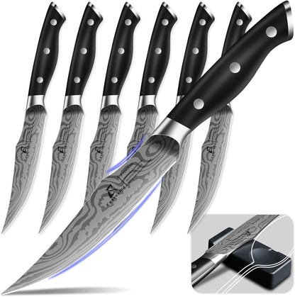 CoquusAid Steak Knives Set of 8, 4.8 Inch Straight Edge Ultra Sharp Durable Meat knives with Rest, High Carbon Stainless Steel Damascus Pattern Triple Rivet Handle, Ideal for Home Restaurant Party