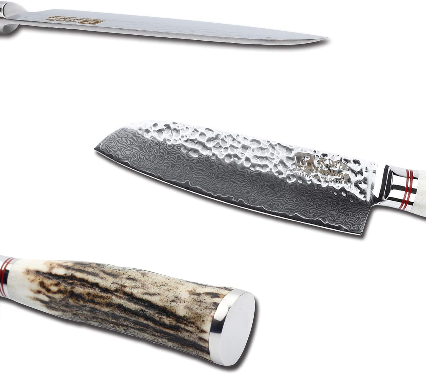 SUNLONG Usuba & Nakiri Knife 6.5 inch Fruit and Vegetable Knife Japanese Hammered Damascus Steel Super sharp - Natural Deer Horn Handle