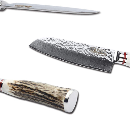 SUNLONG Usuba & Nakiri Knife 6.5 inch Fruit and Vegetable Knife Japanese Hammered Damascus Steel Super sharp - Natural Deer Horn Handle