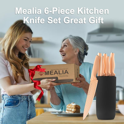 Kitchen Knife Set with Block, 6-Piece Non-stick Stainless Steel Sharp Knives Set for Precision Cutting with Universal Knife Block for Kitchen, Ergonomic Design & Dishwasher Safe, Pink