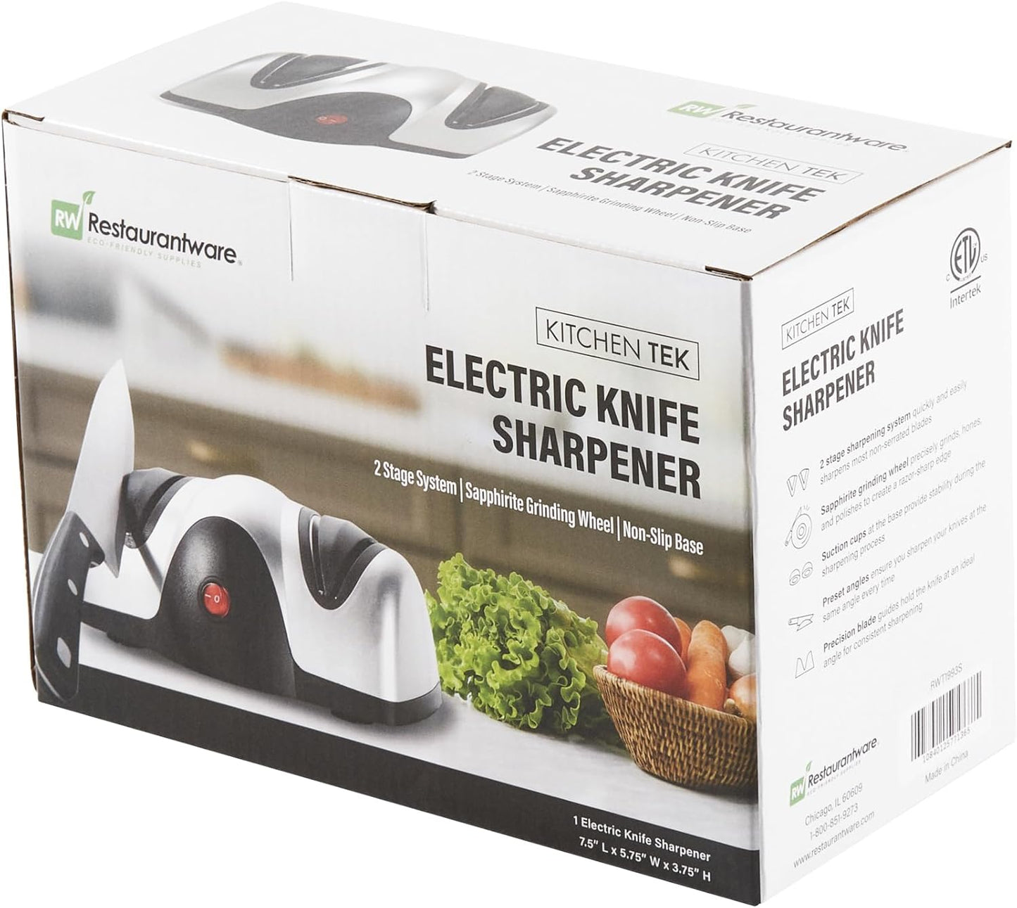 Restaurantware-Kitchen Tek 2-Stage Electric Knife Sharpener, 1 Straight-Edge Knife Sharpener With Diamond Grinding Wheel - 120 Voltage, Quick Sharpening, Gray Plastic, For Kitchen Knives
