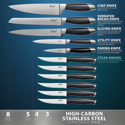 Deco Chef 16 Piece Kitchen Knife Set Stainless Steel with Wood Handles, 8" Chef, 6.5" Cleaver, 8" Bread, 8" Slicing, 4.5" Paring, 6pcs Steak Knives, Kitchen Shears, and more