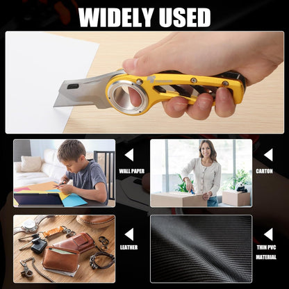 Tondiamo 4 Pcs Folding Pocket Utility Knife Heavy Duty Box Cutter Folding Razor Knife with Anti Slip Finger Loop Easy Change Blades 3 Lock Positions Design (Yellow,Red,Black,Green)