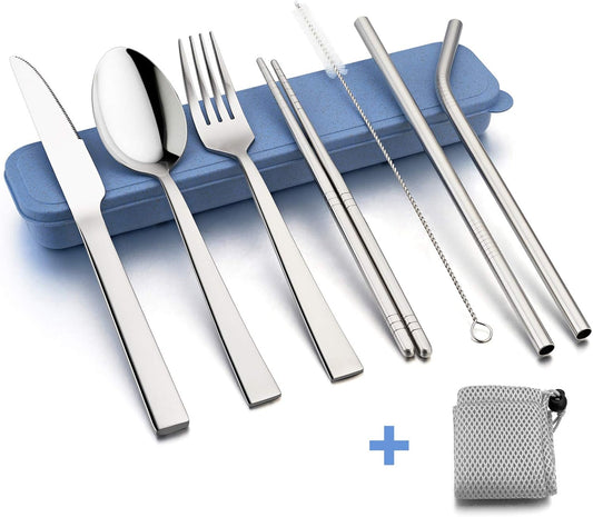 HaWare Portable Travel Utensils with Case, Stainless Steel Silverware Set for Camping Office School Lunch, Including Knife Fork Spoon Chopsticks, Reusable and Dishwasher Safe(Green)