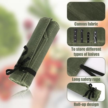 lasuroa Knife Roll Bag, Portable Chef Knife Bag with 7 Slots Canvas Knife Roll Storage Bag Knife Roll Case Gift for Chefs or Cooking Lovers (Green)