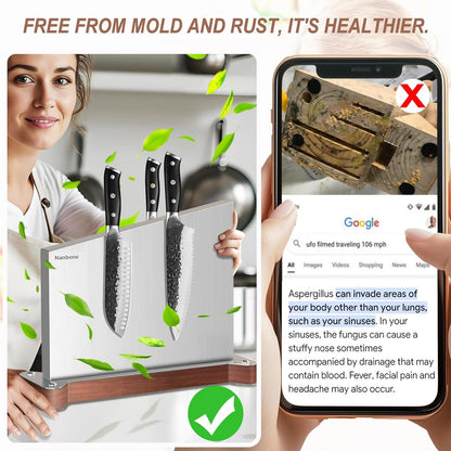 Magnetic Knife Block Stand Without Knives Double Sided Magnetic Knife Holder Rack for Kitchen Counter Stainless Steel Knife Magnetic Strip Display Stand Storage Organizer with Wood Base