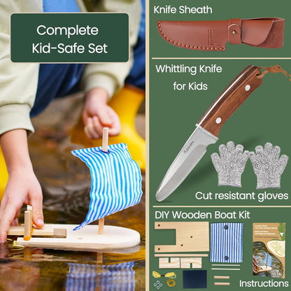 Kibbidea Kids Whittling Knife Set, Safe Kids Wood Carving Knife with Rounded Tip & Sheath, STEM Woodworking Kit with Wooden Boat DIY Project, Beginner Camping Bushcraft Knife for Boys & Girls