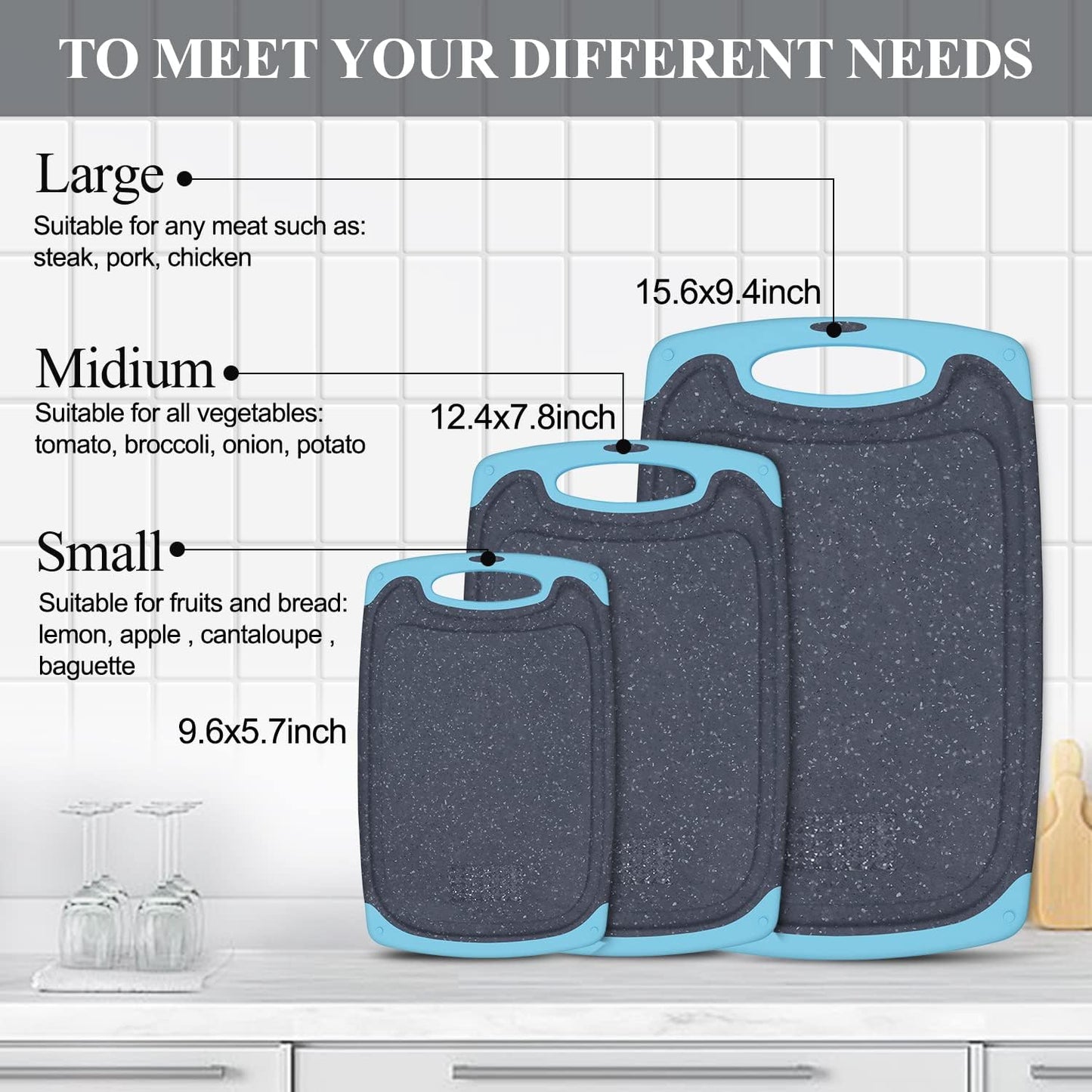 Viretang Plastic Cutting Boards Set of 3 for Kitchen, Thick Chopping Board with Deep Juice Grooves, Non‑Slip Feet, Easy Grip Handle, BPA Free, Dishwasher Safe,Black