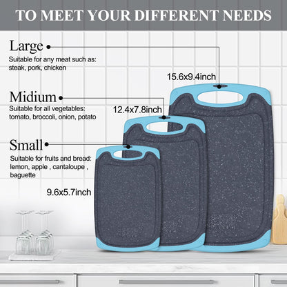 Viretang Plastic Cutting Boards Set of 3 for Kitchen, Thick Chopping Board with Deep Juice Grooves, Non‑Slip Feet, Easy Grip Handle, BPA Free, Dishwasher Safe,Black