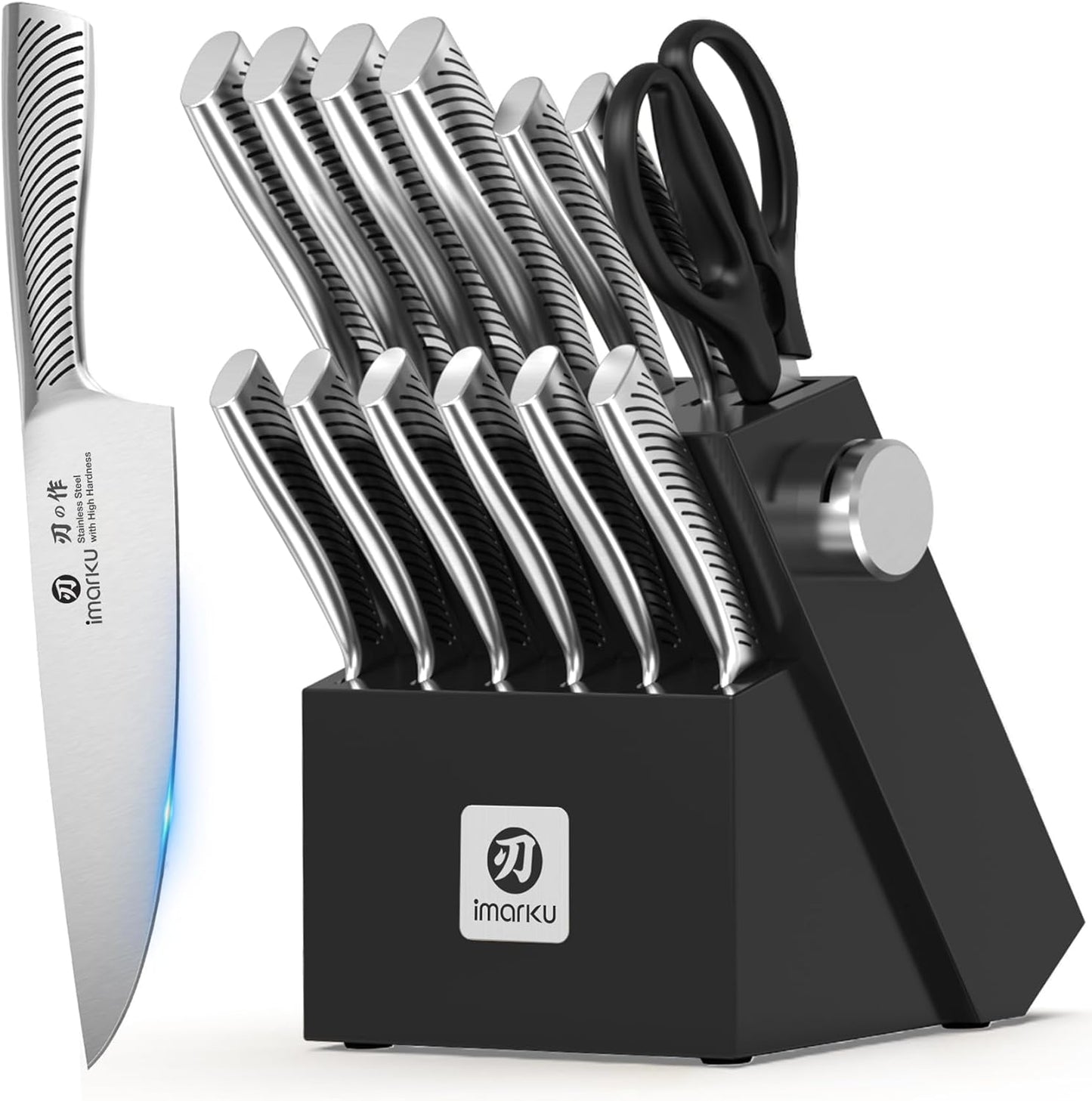 imarku 14-Piece Knife Block Set, Knife Set with Block and Build-in Sharpener, Japanese Stainless Steel Knife Set for Lasting Sharpness, Dishwasher Safe, Black