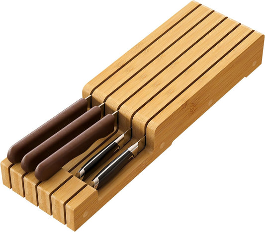 Knife Organizer Drawer Insert, In-Drawer Bamboo Wood Knife Block, Drawer Knife Storage Steak Knife Holder Without Knives, Holds up to 5 Knives