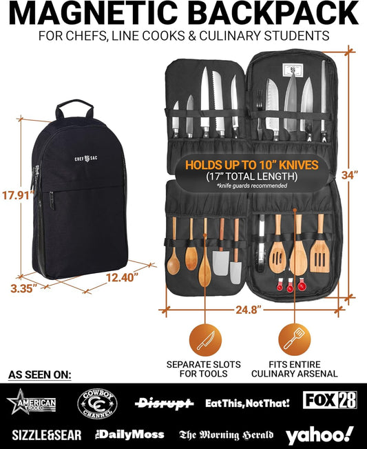 Magnetic Chef Knife Backpack | 20+ Pockets for Knives & Tools | Large Pocket for Tablet & Notebooks | Knife Backpack for Chefs (Black)