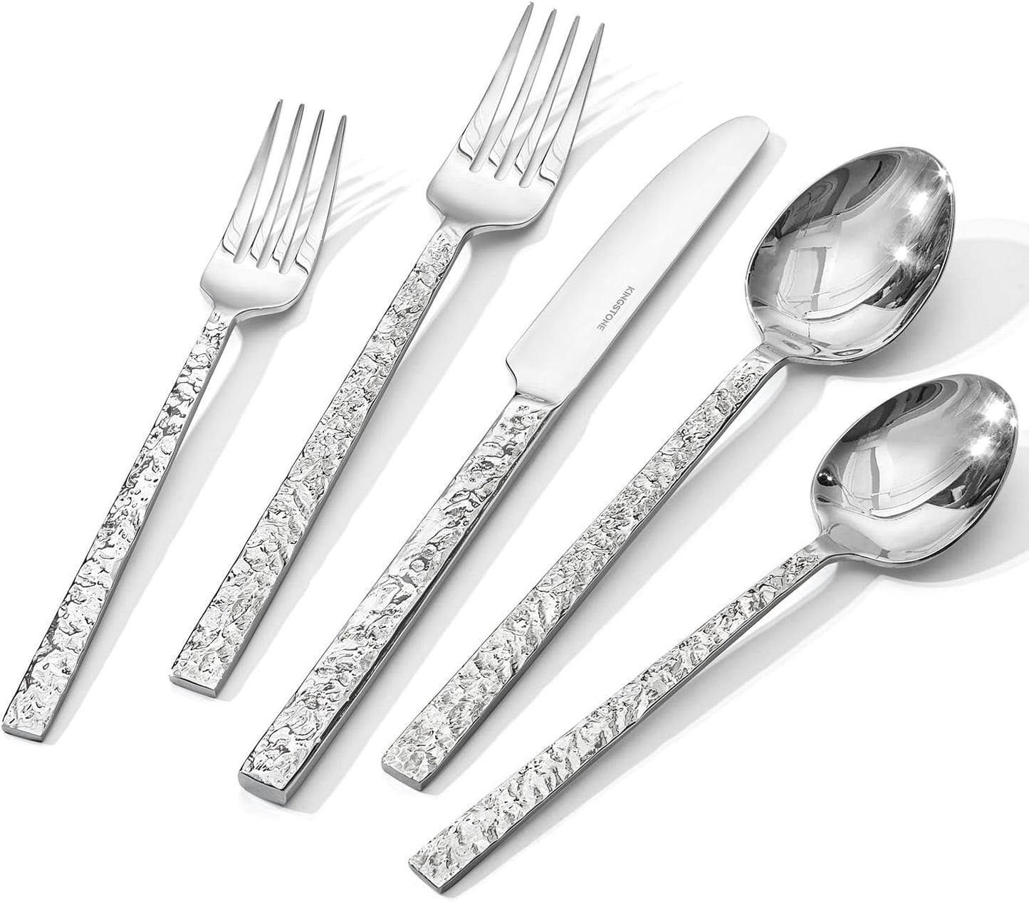 KINGSTONE 24 Pcs Black Hammered Silverware Set with Steak Knives for 4, 18/10 Stainless Steel Heavy Duty Flatware Set, Tableware Cutlery Utensil Sets for Home Restaurant Dishwasher Safe