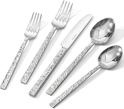KINGSTONE 24 Pcs Black Hammered Silverware Set with Steak Knives for 4, 18/10 Stainless Steel Heavy Duty Flatware Set, Tableware Cutlery Utensil Sets for Home Restaurant Dishwasher Safe