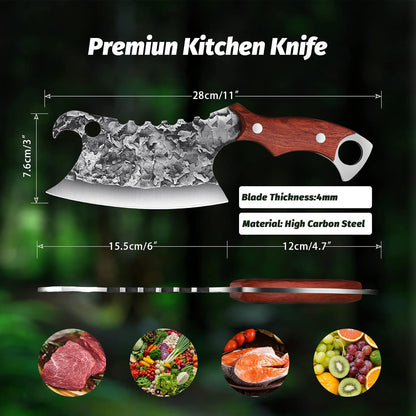 ROCOCO Hand Forged Meat Cleaver Sharp Butcher Knife for Meat Cutting Vegetable Cleaver with Sheath for Home Kitchen Outdoor Camping BBQ Father Mother Gift Idea Men