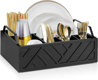 Ukonvi Paper Plate Dispenser, Paper Plate Holder for Kitchen Counter, Wood Rustic Silverware Utensil Caddy, Cutlery Flatware Organizer Box for Cups Spoons Forks Plates Napkins, Kitchen Accessories