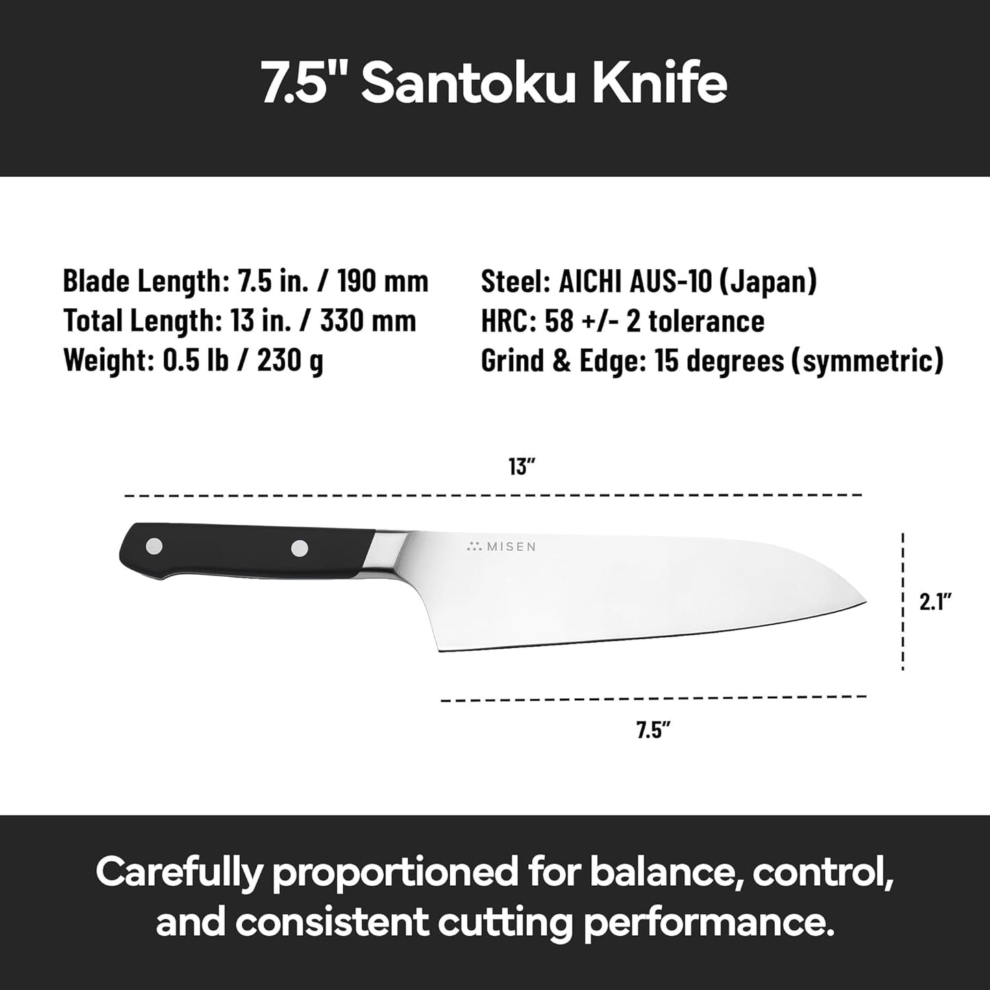 Misen 7.5" Santoku Knife - High Carbon Stainless Steel - Classic Japanese Chef Knife Design for Cutting, Slicing, and Chopping - Razor Sharp Japanese Style Kitchen Knife - White