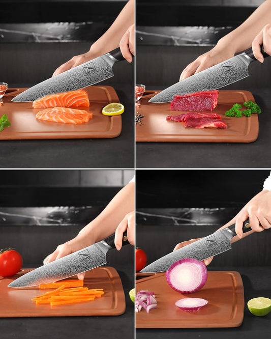 8" High Carbon Stainless Steel Kitchen Chef Knife, Redwood Handle, Textured Anti-Stick Blade, Rustproof & Dishwasher Safe, Effortless Chopping, Premium Gift Box