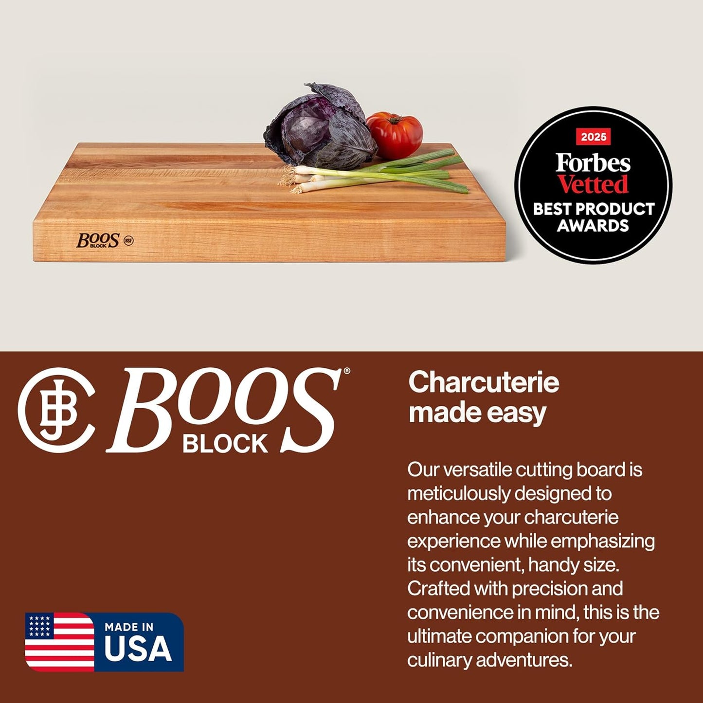 John Boos Handle Boards Series Rectangular Wooden Maple Cutting Board 24”x18” – 2.25” Thick, 30-lb Reversible Butcher Block with Juice Groove, Edge-Grain & Metal Handles
