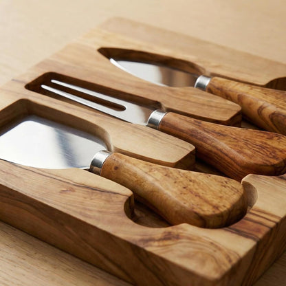 Tephra & Form Cheese Knives Set with Premium Olive Wood Holder | Stainless Cheese Knifes for Charcuterie Board & Cheese Spread | Housewarming Gift for Party, Wedding, and Christmas - 3 Piece Set