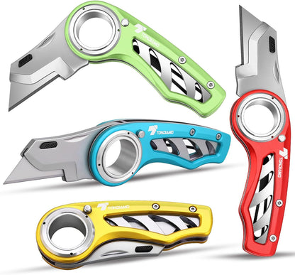 Tondiamo 4 Pcs Folding Pocket Utility Knife Heavy Duty Box Cutter Folding Razor Knife with Anti Slip Finger Loop Easy Change Blades 3 Lock Positions Design (Yellow,Red,Black,Green)