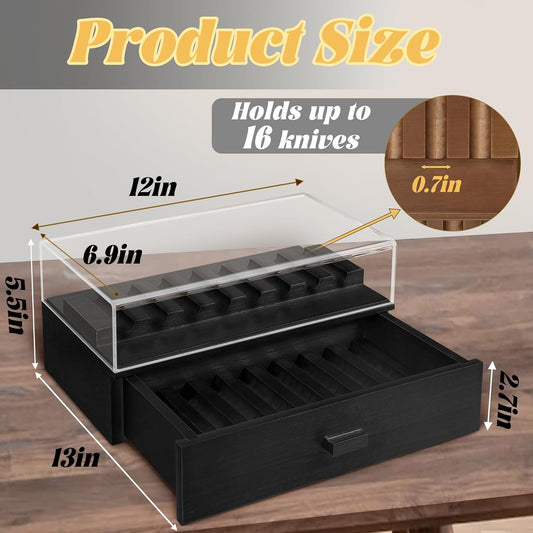 Knife Display Case,2 Tier Wooden Pocket Knife Collection Case with Acrylic Lid, Pocket Knife Storage Drawer Organizer, Walnut