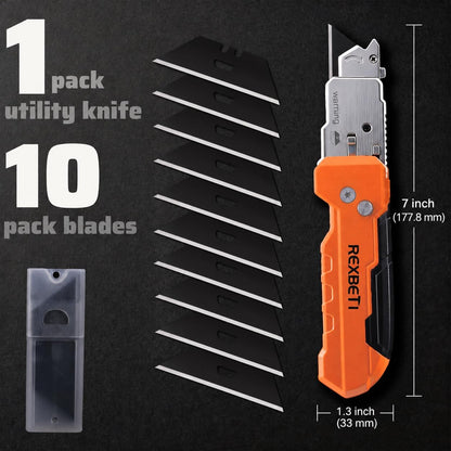 REXBETI 2-in-1 Folding Utility Knife and Scraper, Heavy-Duty Zinc Alloy Construction, Built-In Blade Storage,Retractable Blade with Safety Lock,Includes 13 SK5 Black Replacement Blades（1 pack）