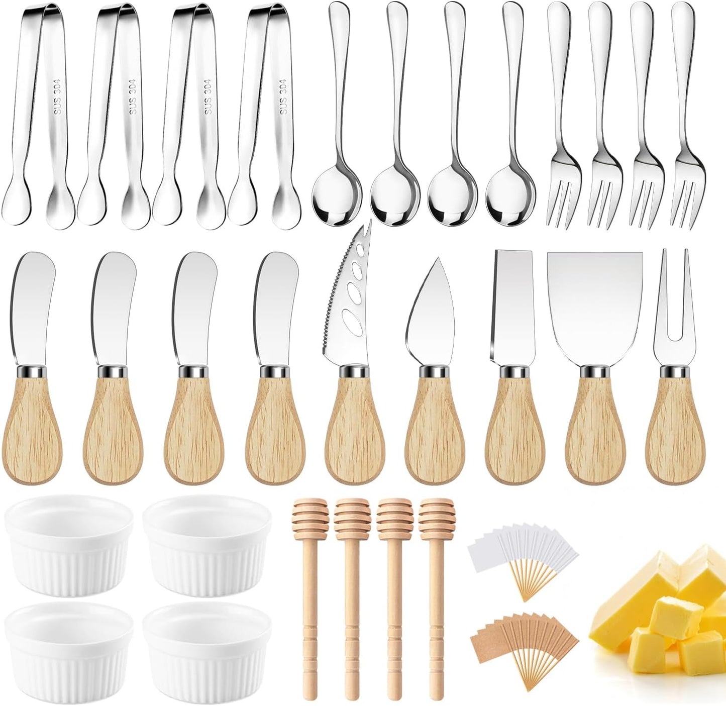 Charcuterie Boards Accessories Gold Charcuterie Utensils Cheese Spreader Knife Set Small Serving Tongs Forks and Spoons Dipping Bowls Honey Dippers Toothpick Flags for Appetizers & Serving Platters