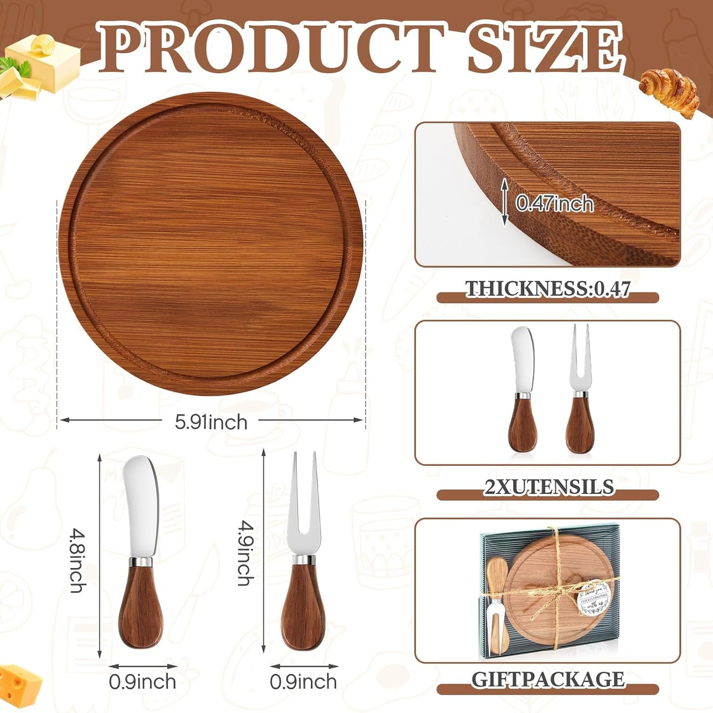 Maxcheck 18 Sets Baby Shower Bridal Game Prizes for Winners Round Cheese Board Set Wood Mini Charcuterie Board with Knives and Forks Thank You Card with Gift Box for Guests Wedding (Bamboo)