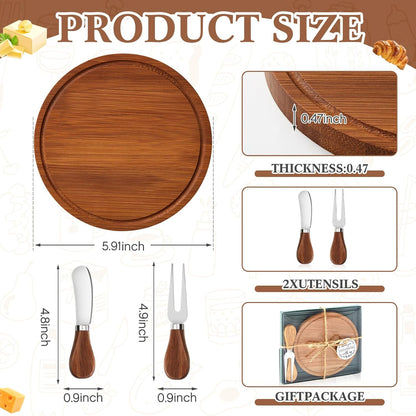 Maxcheck 18 Sets Baby Shower Bridal Game Prizes for Winners Round Cheese Board Set Wood Mini Charcuterie Board with Knives and Forks Thank You Card with Gift Box for Guests Wedding (Bamboo)