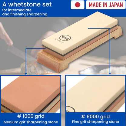 BJDesign Premium KING Whetstone Set Include 1000/6000 Grit Combination Whetstone made in Japan, Knife Angle Holder, Wiping Cloth and Stable Plastic Base