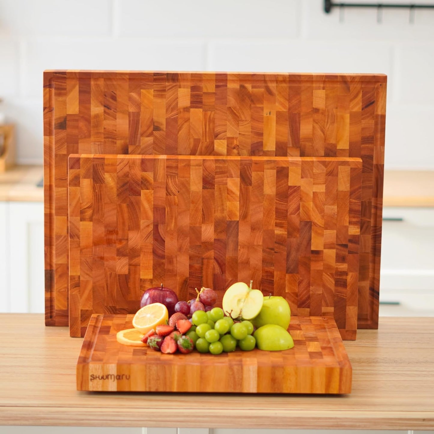 SHUMARU Mahogany End Grain Cutting Board, 17×13×1.6 in – Handmade Butcher Block, Knife-Friendly, Juice Groove, Non-Slip Feet