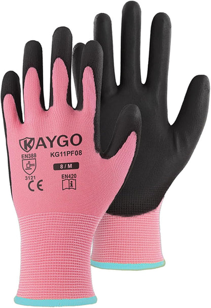 KAYGO Work Gloves for Men and Women,12 Pairs Seamless Knit PU Coated Safety Gloves, with Smooth Grip on Palm and Fingers, Ideal for Light Warehouse, Manufacturing, Gardening, KG11P (M, Black)