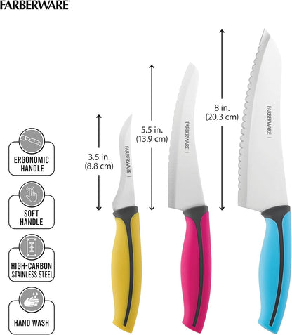 Farberware Precise Slice Utility Knife Set, 3 Piece, Multicolor