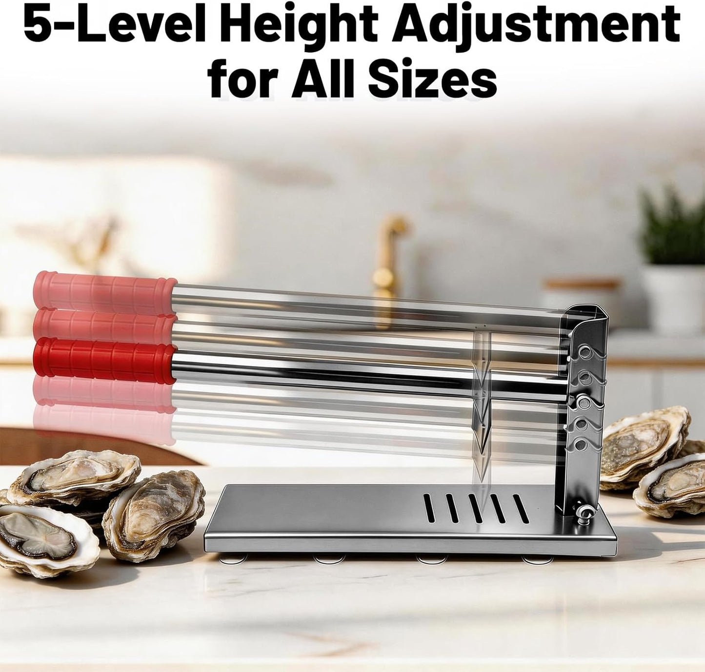 Oyster Shucker Tool, Stainless Steel Shell Opener Machine wtih 5 Adjustable Heights & 8 Suction Cups for Oysters, Clams, Scallops | Includes 2 Shucking Knives & 1 Pair of Gloves