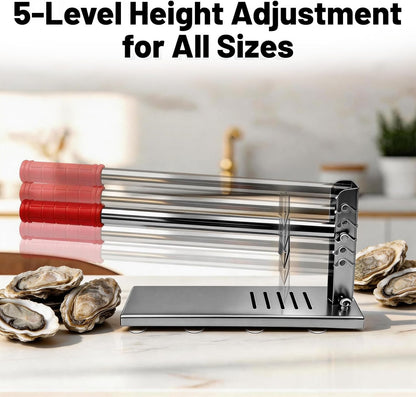 Oyster Shucker Tool, Stainless Steel Shell Opener Machine wtih 5 Adjustable Heights & 8 Suction Cups for Oysters, Clams, Scallops | Includes 2 Shucking Knives & 1 Pair of Gloves