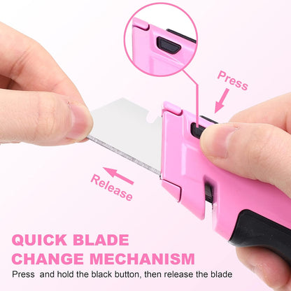 TOPLINE Retractable Pink Utility Knife, Retractable Pink Box Cutter, Blade Storage Design, 18-Piece SK5 Blades and a Dispenser Included