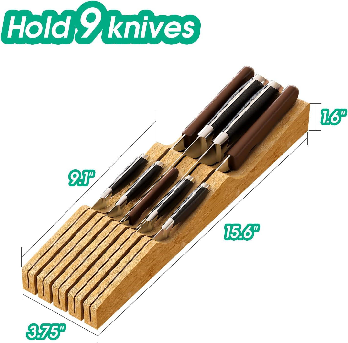 Knife Drawer Organizer Insert, Bamboo Wood Knife Holder, Knife Block Holds Up To 11 Knives