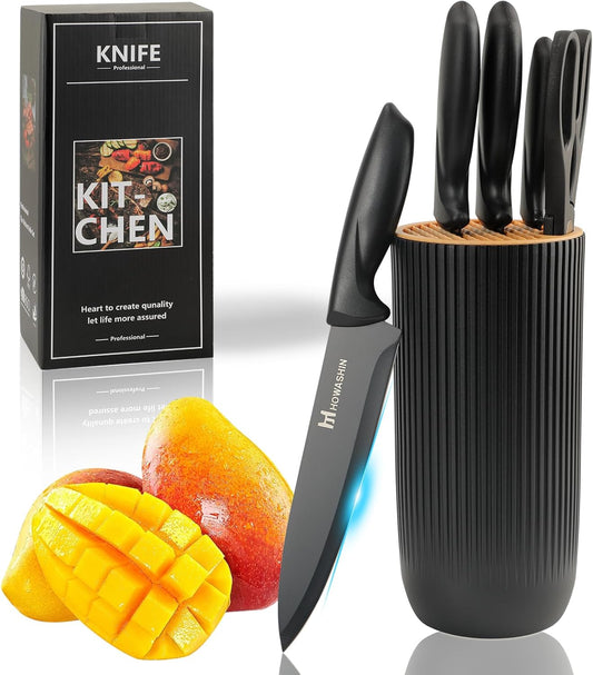 Knife Set - 6 Piece Knife Block Set, Knives Set for Kitchen Scissors With Compact Holder, No Stick Sharp Chef Knife, Razor Sharp Ergonomic Handle Design (Khaki)