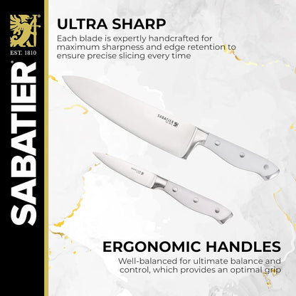 Sabatier 15-Piece Forged Triple Rivet Knife Block Set, High-Carbon Stainless Steel Kitchen Knives, Razor-Sharp Knife set with Acacia Wood Block, White Handles