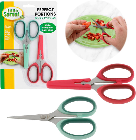 Baby Food Scissors 2 Pack w Covers- Parent Must-Safety Stainless Steel Shears- Make Every Bite Perfectly Sized & Safe- For Babies, Toddlers- Kids Feeding or Adult Portion Control, Gift for Mom