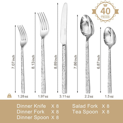 KINGSTONE 24 Pcs Black Hammered Silverware Set with Steak Knives for 4, 18/10 Stainless Steel Heavy Duty Flatware Set, Tableware Cutlery Utensil Sets for Home Restaurant Dishwasher Safe