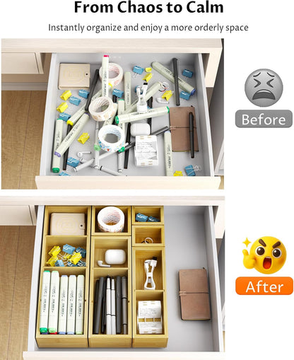 12 Compartments Silverware Drawer Organizer, 6 Piece Bamboo Utensil Tray Set for Kitchen Spoons Forks Knives, Adjustable Cutlery Holder with Removable Dividers for Flatware, Bedroom & Living Room