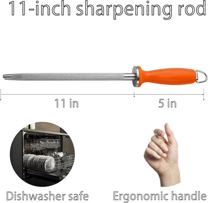 Knife Sharpener Rod 11 Inch,High-Carbon honing rod to Sharpen the Knife Quickly, Professional Honing Rod for Knife Sharpening with Hanging Hook, Orange