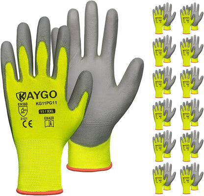 KAYGO Work Gloves for Men and Women,12 Pairs Seamless Knit PU Coated Safety Gloves, with Smooth Grip on Palm and Fingers, Ideal for Light Warehouse, Manufacturing, Gardening, KG11P (M, Black)