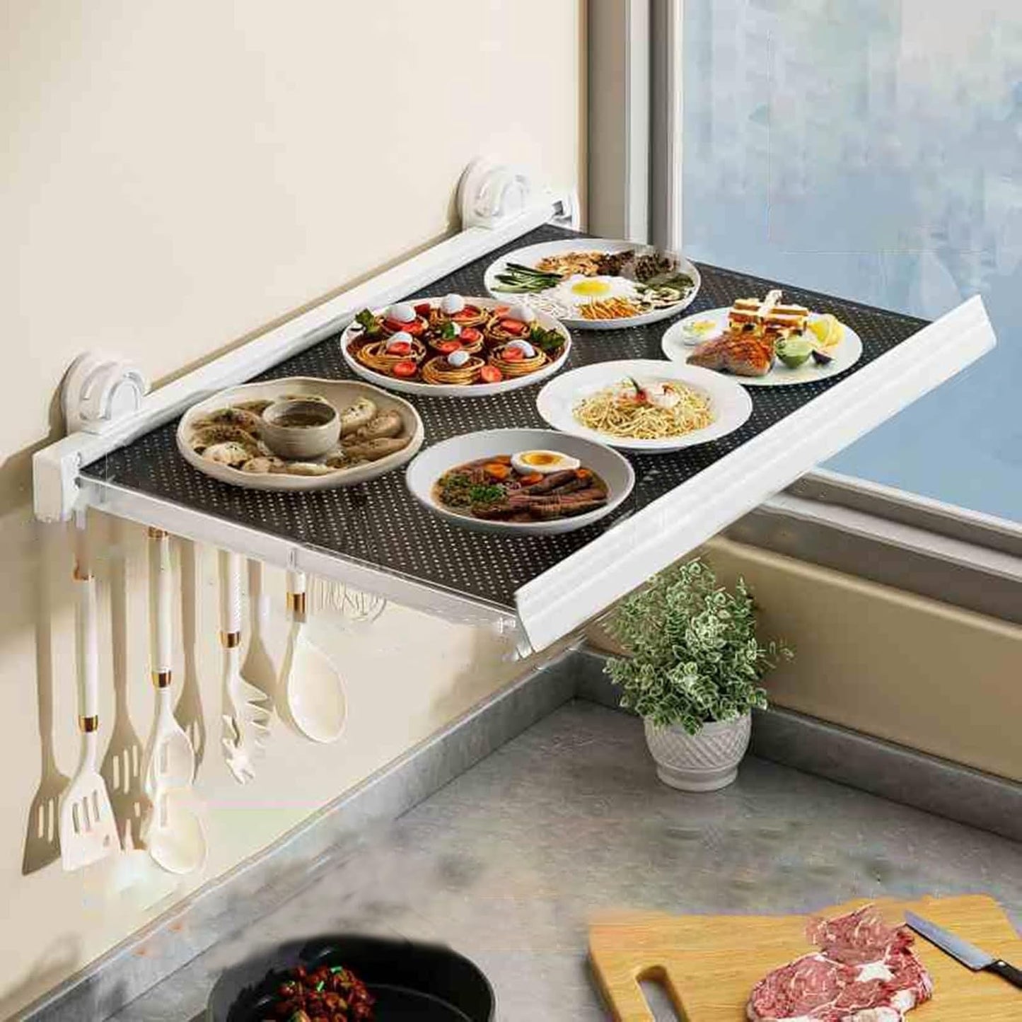 Wall-Mounted Kitchen Food Prep Trays Station, Foldable Suction Cup Food Preparation Rack, Kitchen Serving Accessories for Holding Dishes Spices Knives(White,44cm)