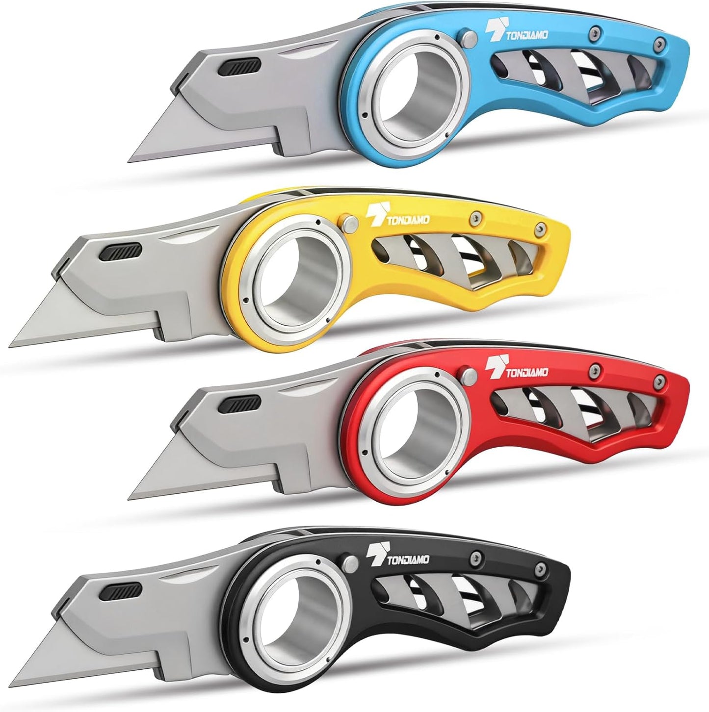 Tondiamo 4 Pcs Folding Pocket Utility Knife Heavy Duty Box Cutter Folding Razor Knife with Anti Slip Finger Loop Easy Change Blades 3 Lock Positions Design (Yellow,Red,Black,Green)