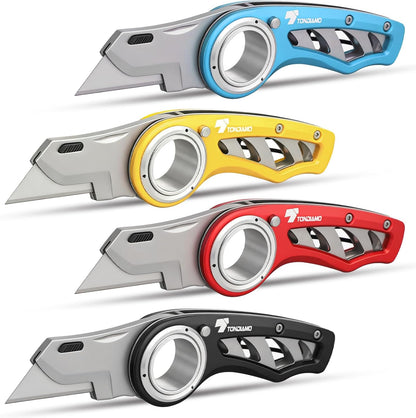 Tondiamo 4 Pcs Folding Pocket Utility Knife Heavy Duty Box Cutter Folding Razor Knife with Anti Slip Finger Loop Easy Change Blades 3 Lock Positions Design (Yellow,Red,Black,Green)