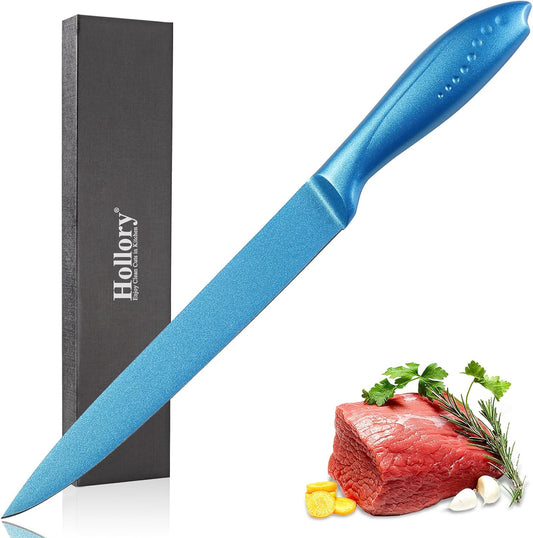 8 Inch Slicing Knife, German High Carbon Stainless Steel Blade and Ergonomic Comfortable Handle, Non-Stick Slicer Knife for Carving Slicing Cutting of Meat Vegetables and Fruits-Blue